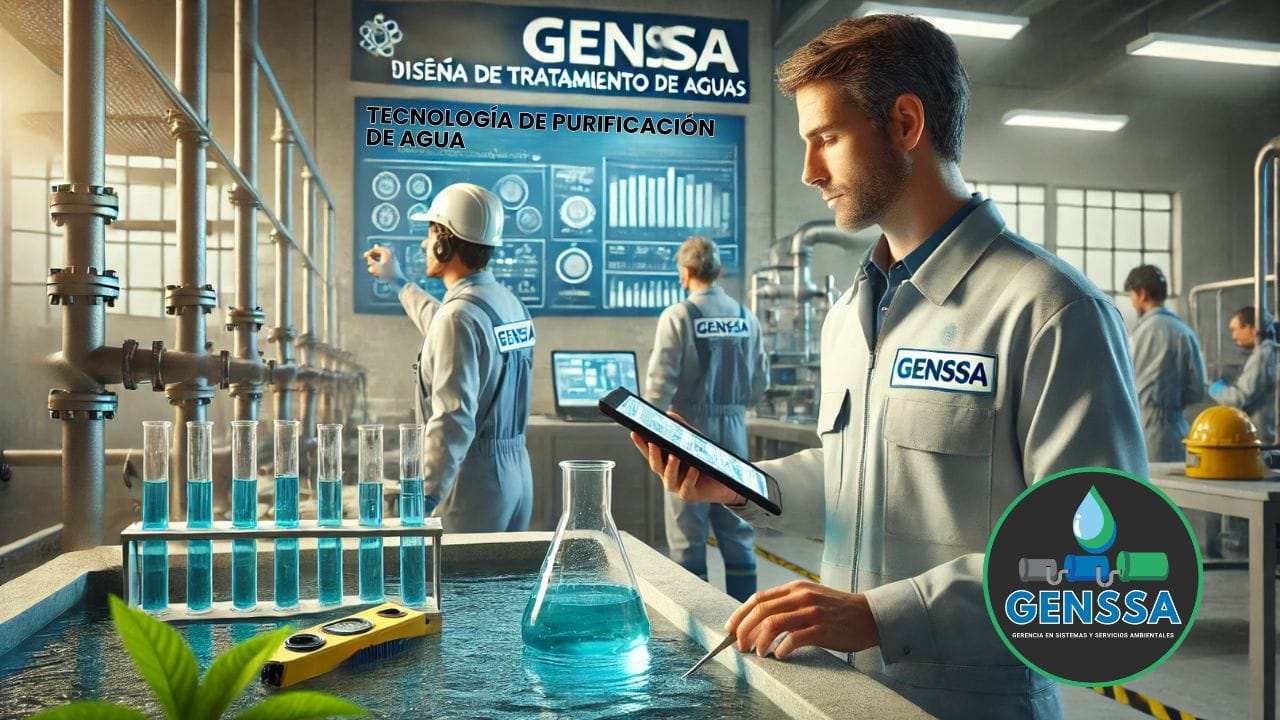 Ingenieros de GENSSA analizando el diseño de plantas de tratamiento de aguas con equipo de medición y supervisión