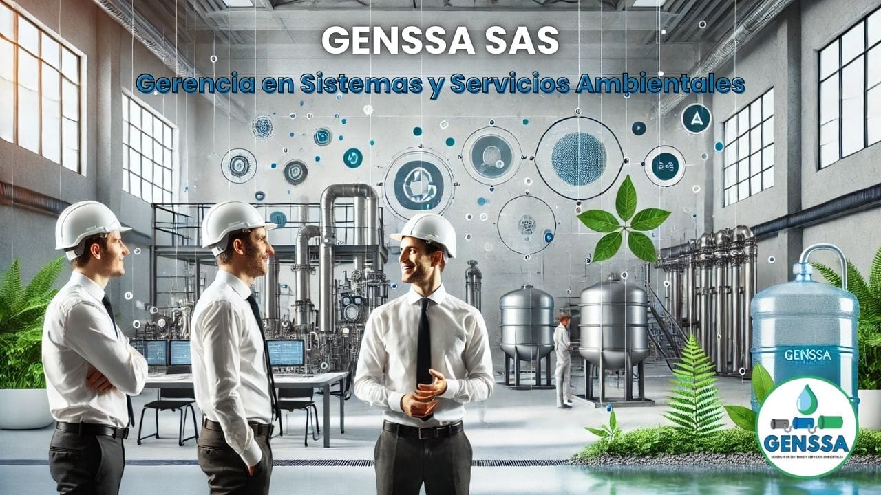 Ingenieros ambientales de GENSSA discutiendo sistemas sostenibles de tratamiento de agua en una instalación moderna, destacando la gerencia en sistemas y servicios ambientales.