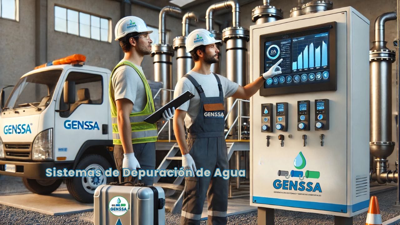 Ingenieros supervisando un sistema de depuración de agua en una planta de tratamiento semiurbana.