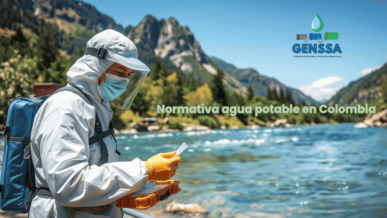 Técnico ambiental analizando calidad del agua potable en un río limpio