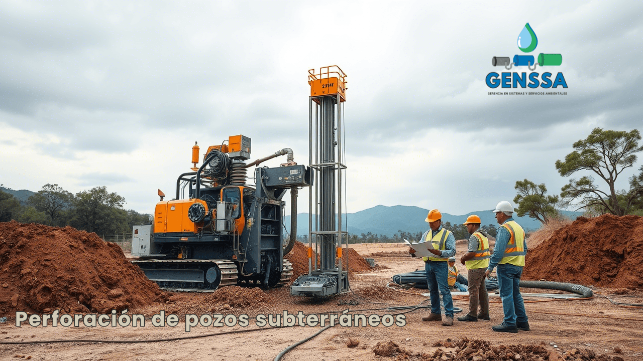 Perforación de pozos subterráneos en una zona rural con equipo técnico y maquinaria especializada