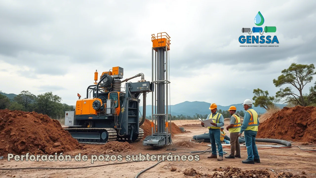 Perforación de pozos subterráneos en una zona rural con equipo técnico y maquinaria especializada