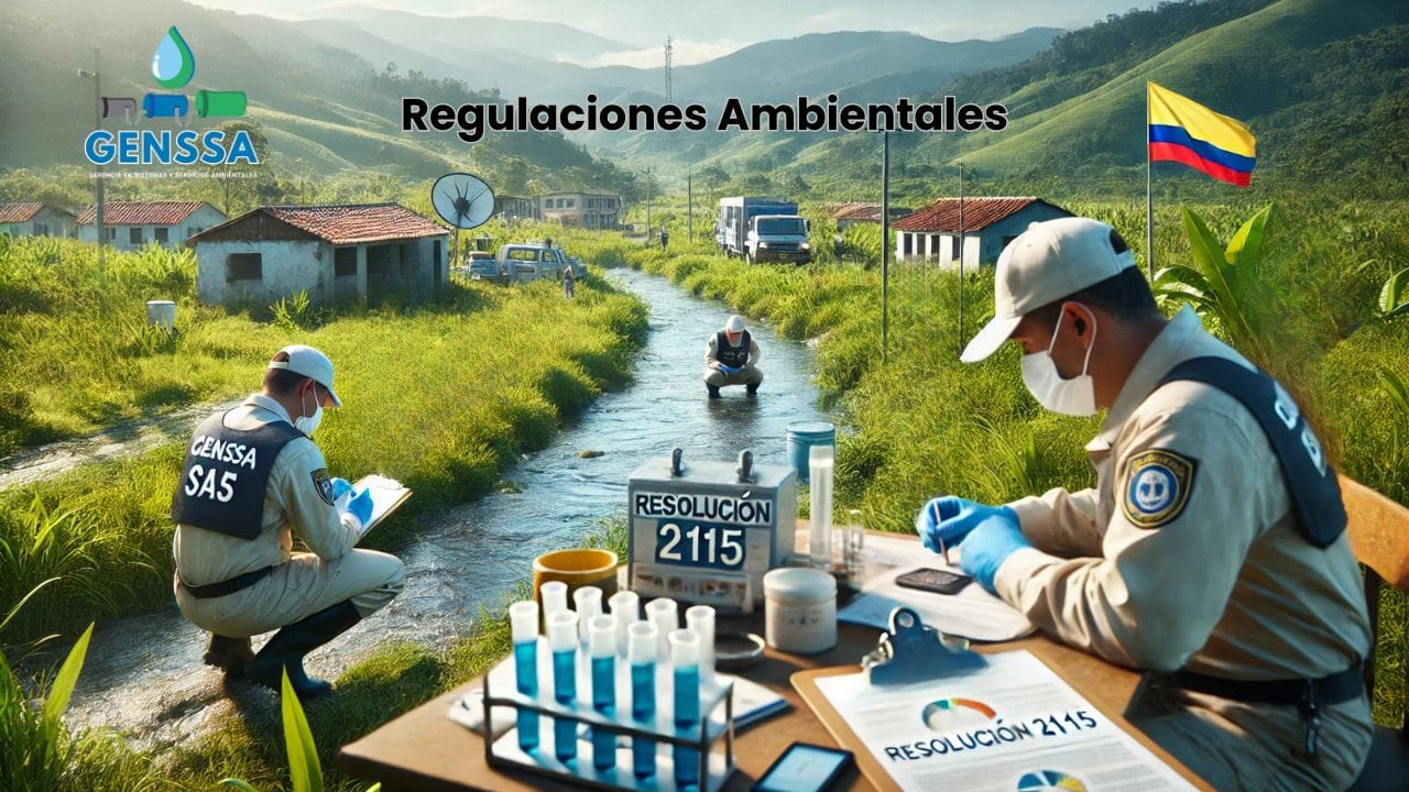 Ingenieros ambientales de GENSSA SAS auditando la calidad del agua según normativas ambientales colombianas