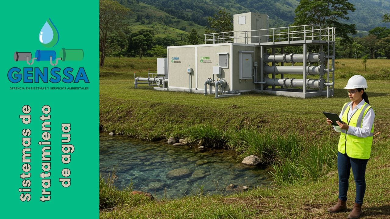 Ingeniera de GENSSA supervisando con tablet una planta de tratamiento de agua modular, parte de la ingeniería personalizada de sistemas de tratamiento de agua, integrada junto a un río limpio en paisaje colombiano.
