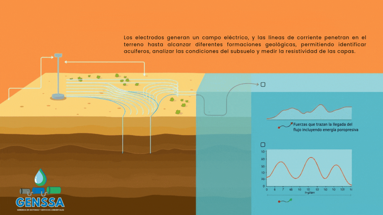 Sondeos eléctricos verticales: Infografía del proceso de exploración de agua subterránea.