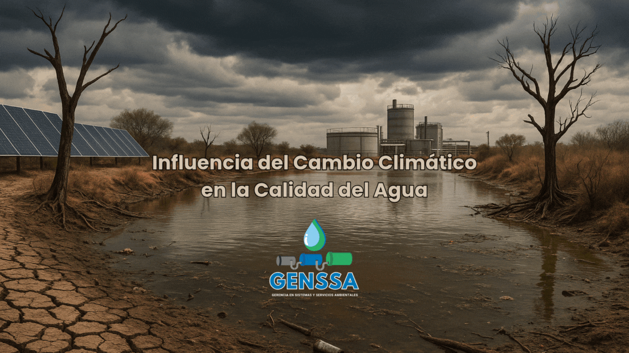 Consecuencias del cambio climático en recursos hídricos representado por suelo agrietado y un cuerpo de agua en retroceso.