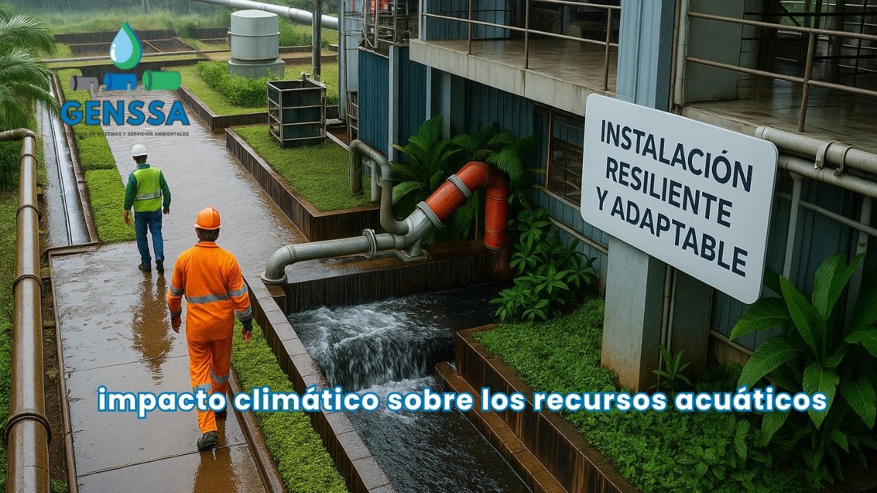 Planta de tratamiento de agua con infraestructura resiliente y adaptable durante fuertes lluvias que causan impacto del cambio climático en el agua