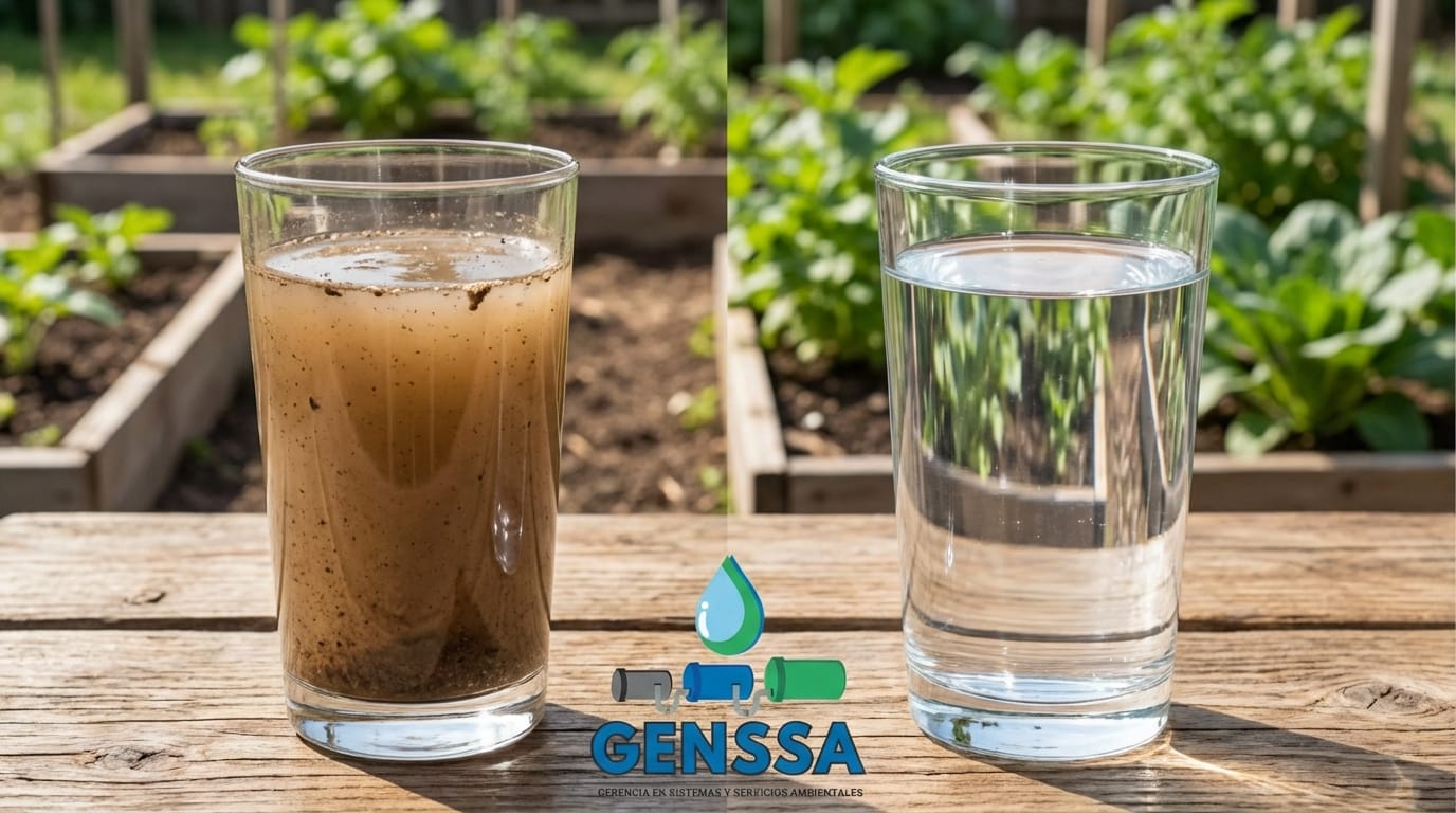 Purificación de agua de pozo antes y después.